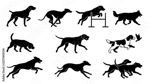 Tableau sur toile Dog silhouettes collection featuring various breeds running and jumping in agili