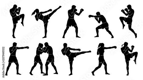 Quadro su tela Kickboxing and martial arts fighter silhouettes engaging in combat and sparring