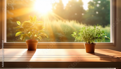 Sunlit Wooden Table With Potted Plant By Window