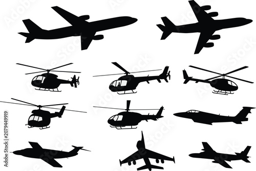 Obraz na płótnie Silhouette collection of airplanes and helicopters, aviation aircraft icons, mil