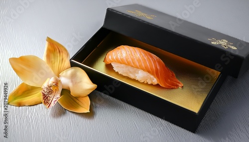 Minimalist Flat Lay A Luxury Sushi Gift Box Black Lacquer Box Open To Reveal A Single Flawless Piece Of Uni Nigiri On A Bed Of Gold Leaf A Real Orchid Blossom Beside It