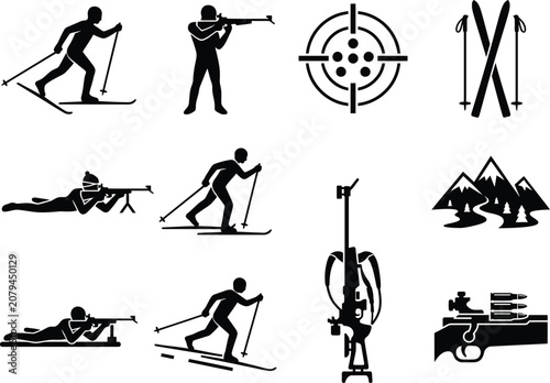 Biathlon Icons Collection Silhouettes Depicting Winter Sport Activities On A White Background sports skiing cross-country shooting rifle target