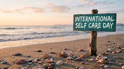 International Self Care Day wooden sign on sandy beach at sunset