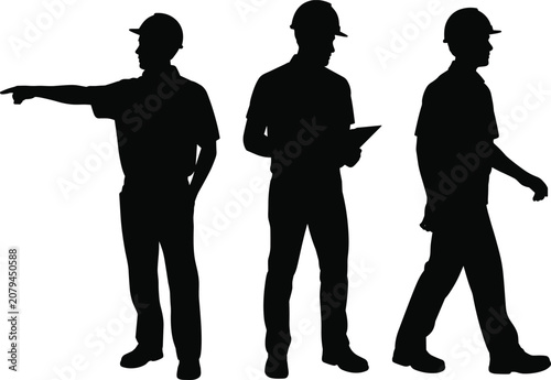 Foto Silhouette construction workers standing, pointing and walking, industrial workf