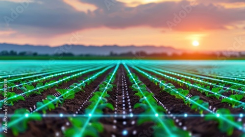 Futuristic digital overlay visualizes smart farming connectivity and data flow across a young crop field during a vibrant sunset highlighting agricultural innovation and technology