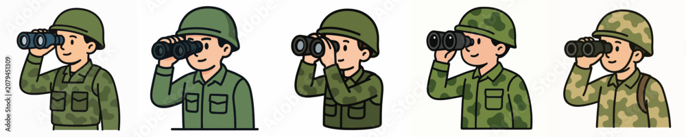 Fototapeta premium Set of vector illustrations of soldiers using binoculars