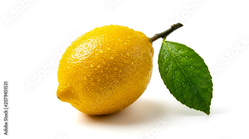 Fresh lemon fruit with green leaf and water droplets isolated on white background