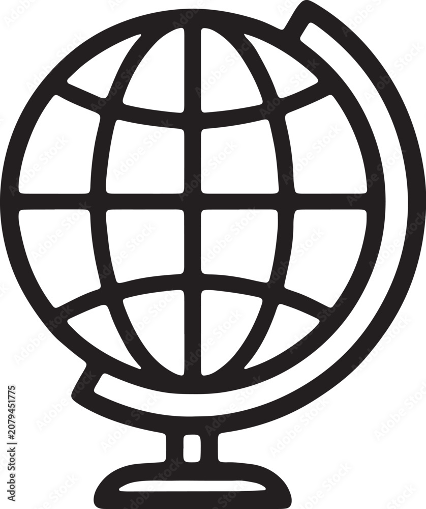 Obraz premium Minimalist outline icon of a world globe on a stand with geography, internationa