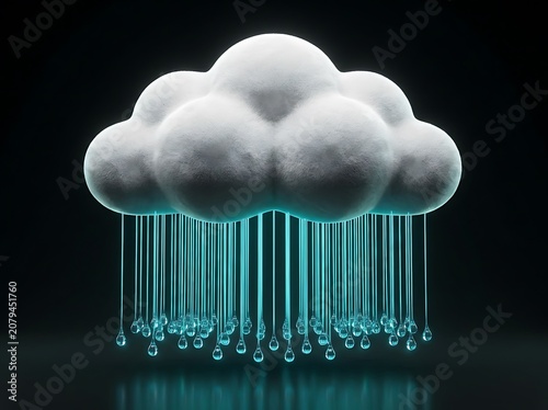 A fluffy white cloud raining down luminous aqua blue water droplets on a reflective surface
