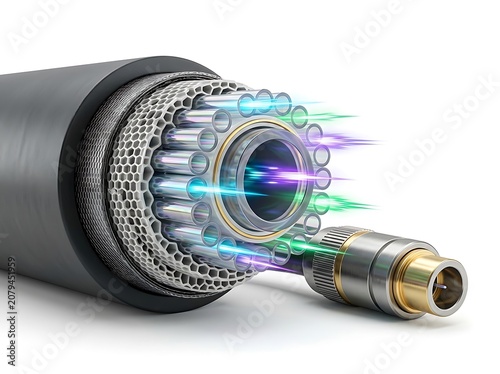 Fiber optic cable with colorful light beams transmitting data quickly and efficiently through network