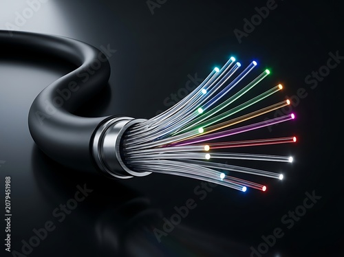 Fiber optic cable with colorful wires and shiny metal connector closeup