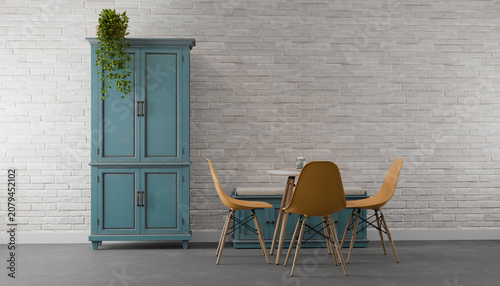 Slika na platnu Elegant Scandinavian Dining Interior Featuring Vintage Blue Storage Cabinet Roun