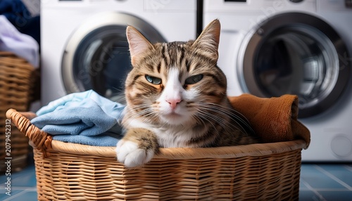 sleepy cat with watery eyes in laundry basket crying softly with folded clothes and washing machines in background