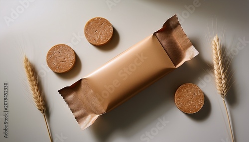 kraft paper snack bar wrapper mockup minimal neutral background natural packaging with soft shadows and clean composition