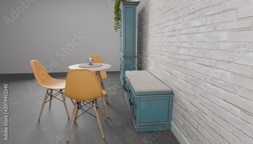 Obraz na płótnie Modern Dining Room Interior with Minimal Table Mustard Chairs Blue Wooden Sidebo