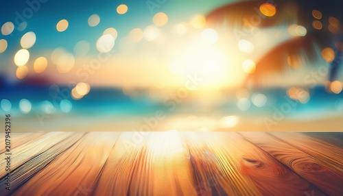 blur tropical beach with bokeh sun light wave abstract background
