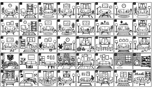 Modern Living Room Interior Line Art Set Featuring Cozy Sofa Designs, Fireplaces, Windows, Potted Plants, Floor Lamps, and Home Furniture Decor Scenes