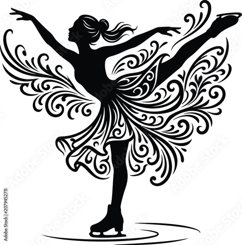 Figure skater silhouette with ornamental wing like flourishes on a white background skating figure-skater ice ice-skating spiral pose