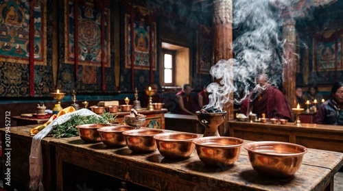Ladakhi Festival, row of polished copper water offering bowls on a wooden altar, burning juniper incense emitting smoke, background of a dimly lit monastery interior with rich thangka paintings