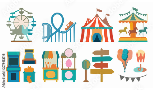 Canvastavla Carnival festival vector collection with amusement ride and recreation icons
