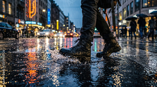 Low Angle View of Black Waterproof Boots Walking Through City Rain Puddles at Night