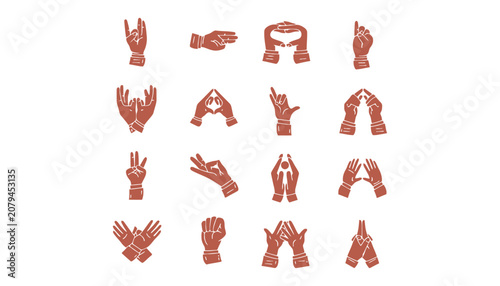 Hand gesture signs set silhouettes showing various poses