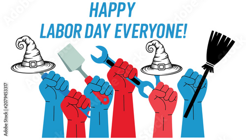 Labor day celebration concept with tools and workers hands, wrenches