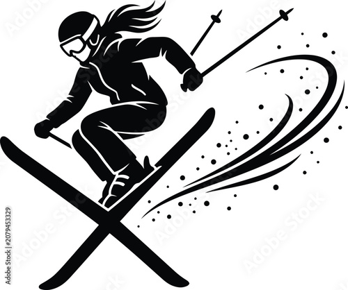 Silhouette of a female skier in dynamic racing posture black and white vector illustration alpine skiing snow sports