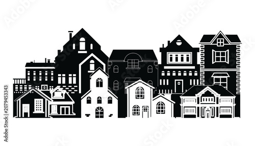 City skyline silhouette with houses and building structures, isolated