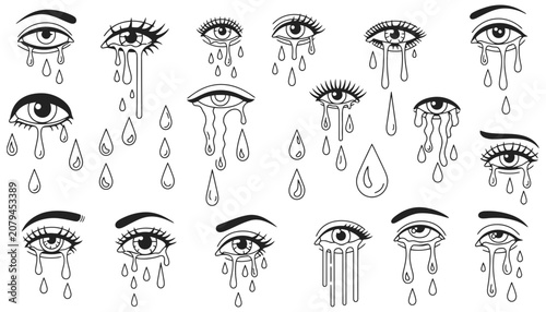 Crying eyes illustration set with tears and sadness concept art