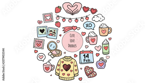 Cute love doodles valentine theme hand drawn set with valentines