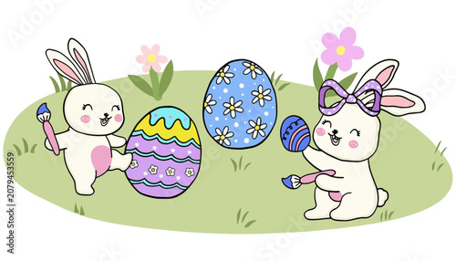 Easter bunnies painting decorated eggs in a spring meadow