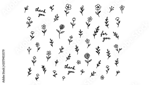 Floral hand drawn doodle collection with thank you text elements