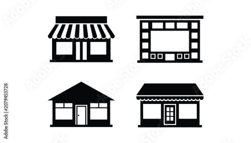Store building icon set representing various retail shop architecture