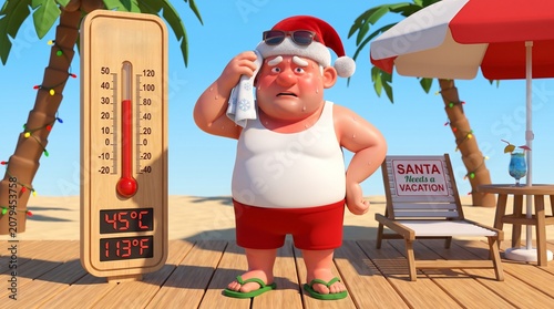 Sweaty santa claus wearing sunglasses and summer clothes standing on a tropical beach next to a high temperature thermometer during a hot sunny day