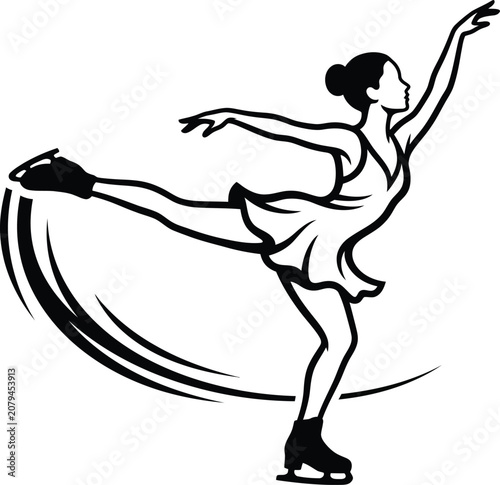 Figure skater in dynamic pose black and white vector illustration with transparent background skating ice ice-skater figure-skater sport