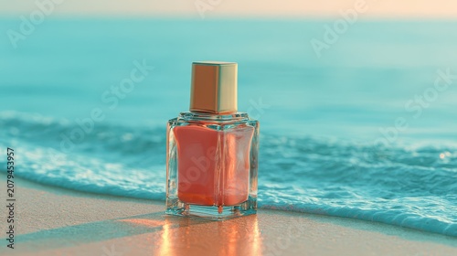 An elegant glass perfume bottle filled with coral pink liquid stands on wet golden sand at the shoreline with blurry sea waves.