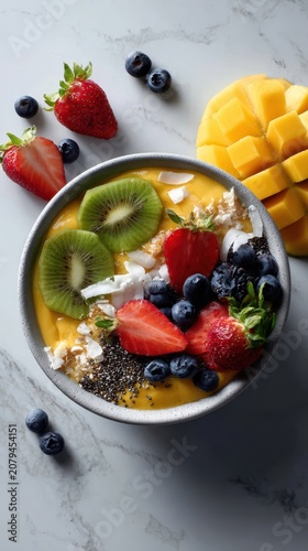 Healthy mango smoothie bowl with kiwi strawberry and blueberries flat lay