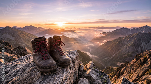 Leather Hiking Boots on Rocky Peak During Sunrise With Mountain View