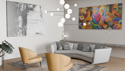 Modern Living Room Art Display: A stylishly appointed living room features a curved sofa, contemporary armchairs, and striking abstract art on the walls, creating an elegant and inviting atmosphere.