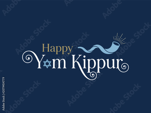 Happy Yom Kippur Vector Typography Design with Star of David and Shofar, Elegant Jewish Holiday Greeting Illustration