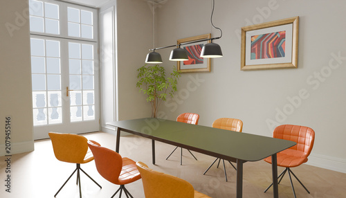Modern Dining Room with Artwork: A long, minimalist dining table with contemporary chairs, accented by vibrant artwork and a tall potted plant.