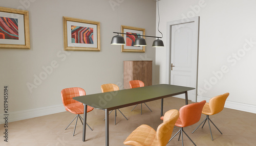 Modern Dining Room Setup: A contemporary dining room features a sleek, dark-topped rectangular table surrounded by vibrant orange and yellow chairs.