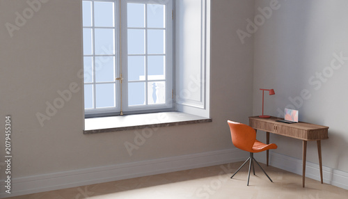 Minimalist Workspace: A modern, uncluttered workspace featuring a small desk with a laptop and lamp next to an orange chair, positioned near a large, light-filled window.