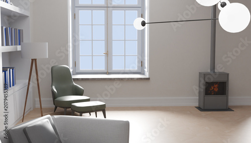 Cozy Living Room with Fireplace: A serene living space featuring a comfortable armchair, ottoman, and sofa arranged around a modern fireplace.