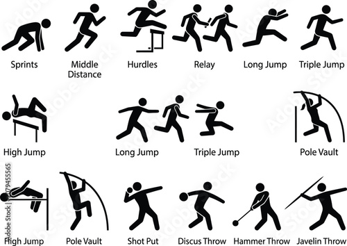Athletic event silhouettes depicting various track and field sports on a white background athletics running jumping throwing sprints