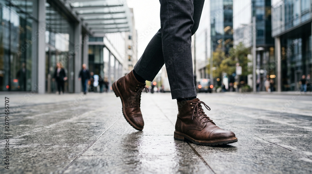 Obraz premium Low Angle Shot of Person Wearing Leather Boots Walking on Wet City Street with Modern Buildings