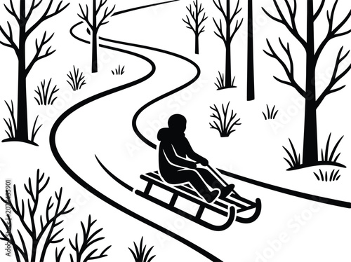 Person riding sled down hill black and white vector illustration with silhouetted trees and landscape sledding sleigh-ride winter-sports