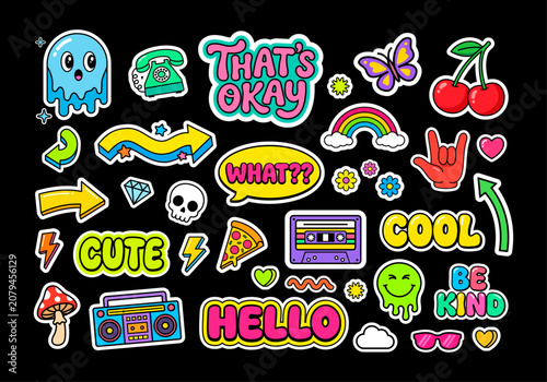 Retro y2k aesthetic colorful pop art cartoon sticker pack vector
