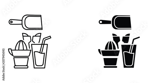 Cuadro en lienzo Vector shopping and kitchen utensils set with tote bag and juicer
